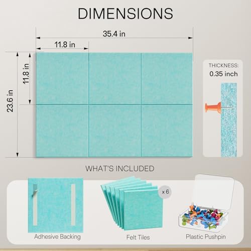 MaxGear Felt Bulletin Board 36" x 24", Aqua Blue Felt Wall Tiles Push Pins - Image 3