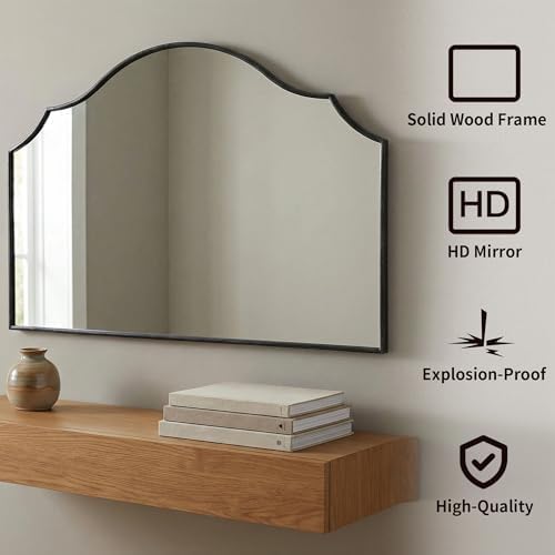 Besdomus Black Scalloped Wall Mirror: 47"x31" Large Wooden Fireplace Mirror - Image 2