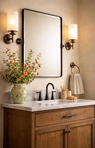 Farmhouse Pivot Rectangle Bathroom Mirror Matt Black Metal Framed Tilting - Image 2