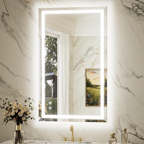 Keonjinn 40 x 24 Inch Beveled Lighted Bathroom Mirror, Frontlit and Backlit by Keonjinn