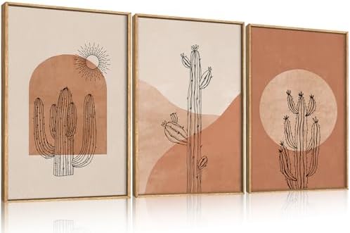 Large Boho Minimalist Cactus Framed Canvas Wall Art Set -16"x24"x3 - Image 5