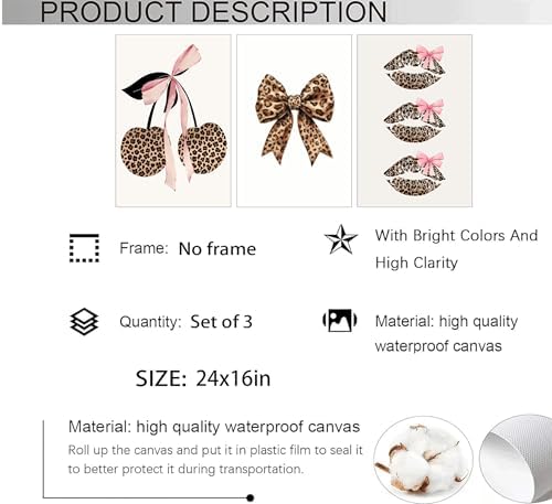YZLYAD 3Pcs Trendy Leopard Print Wall Art, Fashion Bow Cherry Lips Y2k Poster - Image 2