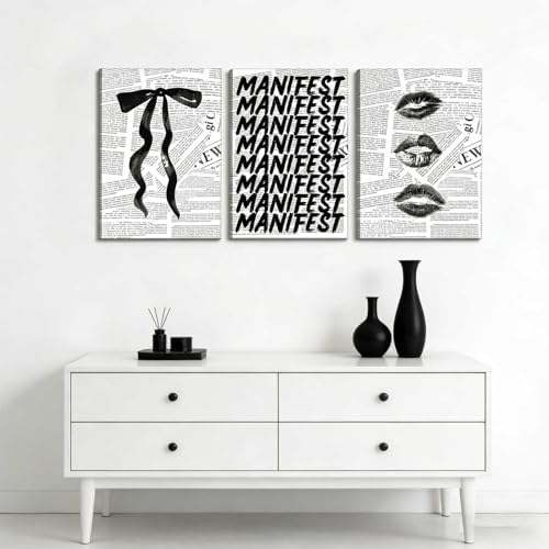 3Pcs Trendy Black and White Preppy Canvas Wall Art Retro Kiss Lips Bow and - Image 4
