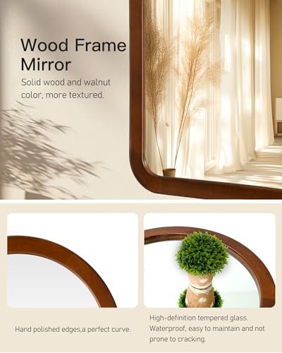 Arched Mirror 30 x 36 Inch, Walnut Brown Wood Rustic Bathroom Wall Mirror - Image 6