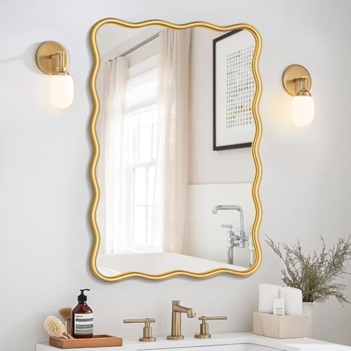 PROHOMEWARE 20x28 Gold Wavy Irregular Bathroom Mirror, Wall-Mounted by PROHOMEWARE