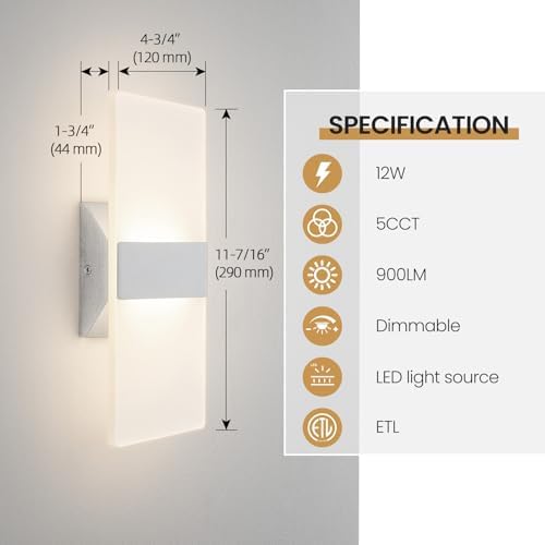 12 Inch Modern LED Wall Sconce, 5CCT Dimmable Indoor Wall Lights, 2700K-5000K - Image 5