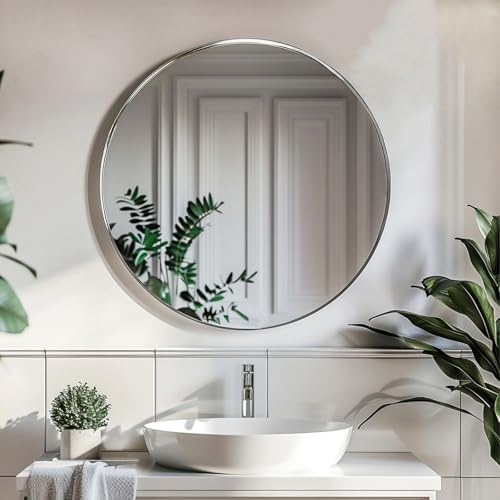 Sunniry Silver Round Mirror, Circle Mirror 24 inch, Brushed Metal Frame - Image 3