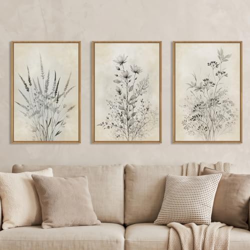 Large Neutral Flower Botanical Framed Canvas Wall Art, Boho Wildflowers Ink by Unknown
