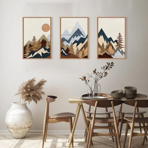 HOURIA Mid Century Woodcut Mountain Woodland Framed Wall Art Set- 16"x24"x3 - Image 4