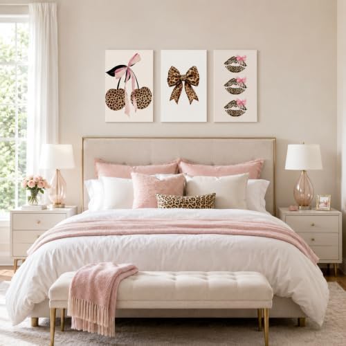 3Pcs Trendy Leopard Print Canvas Wall Art, Fashion Bow Cherry Lips Y2k Poster - Image 6