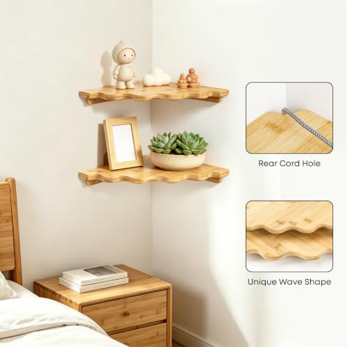 Fantasyon Corner Floating Shelf Wall Mount, Bamboo Wood Corner Hanging Shelves - Image 3