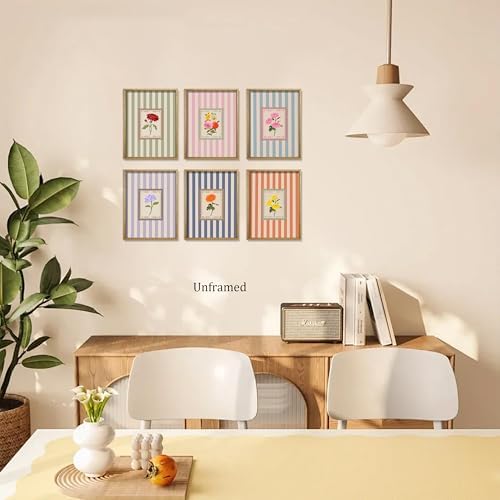 Vintage Floral Posters Wall Art Set of 6, Coquette Cute Stripe Botanical Stamp - Image 2