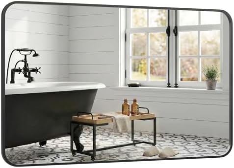 30x48 Inch Matte Black Rounded Rectangle Bathroom Vanity Mirror by Pocetry