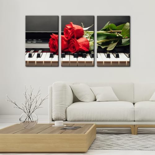 Pacimo Framed Wall Decorations Piano Keys and Red Rose 3 Piece Canvas Art Wall - Image 3