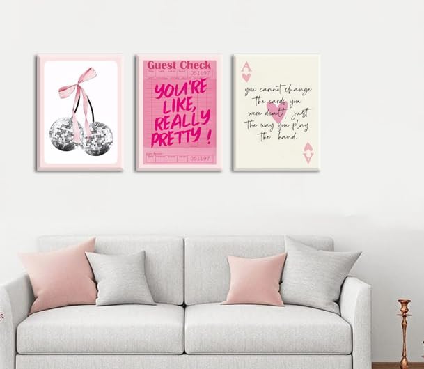 Pink Preppy Wall Art Framed Set of 3 Trendy Coquette Disco Cherry Posters Retro - Image 5