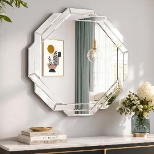 Vercraft Silver Bathroom Mirror Decorative Beveled Edge Frameless Mirror Wall - Image 5