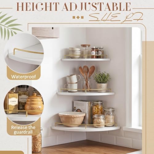 Novabright Corner Floating Shelf Set of 3 White & Gold Wood 9/10/12 in - Image 4