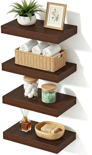 Walnut Floating Shelves for Wall, 12 Inch Wooden Shelves Set of 4 by Mifurn
