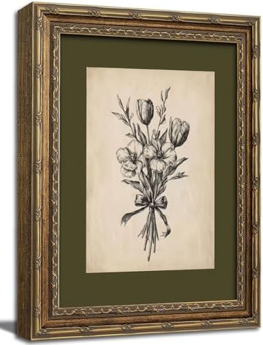 Gold Framed Wall Art Vintage Flower Sketch Wall Art Antique Sage Green by ZHENYVLZ