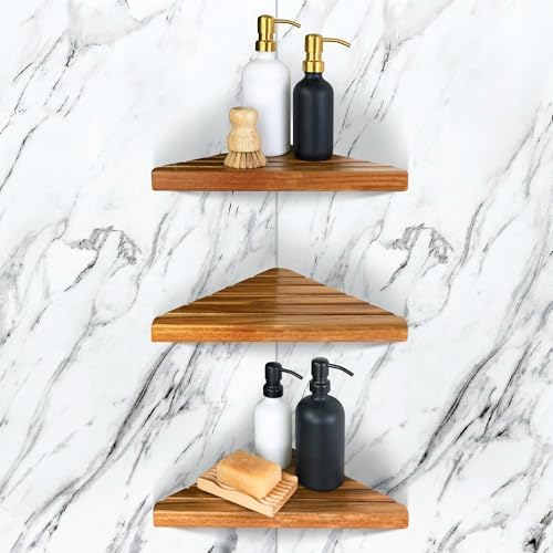 ENKEZI Acacia 2, 3 Tiers Corner Shower Shelf, Triangular Corner Shelf Wooden by ENKEZIProducts