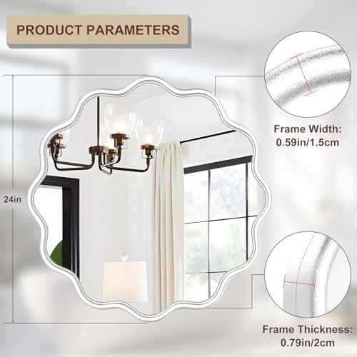 PROHOMEWARE White Round Mirror 24 Inch Wavy Bathroom Vanity Mirror White Frame - Image 3