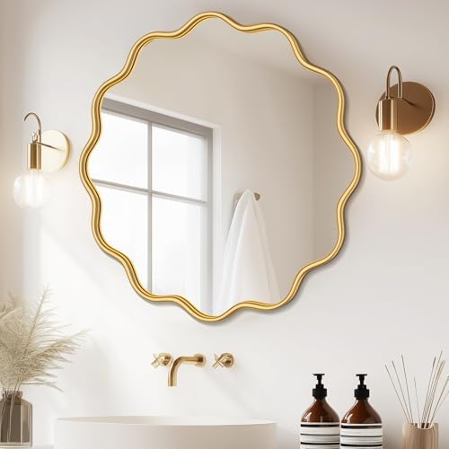 PROHOMEWARE Gold Round Mirror 36 Inch Wavy Bathroom Vanity Mirror Gold Frame by PROHOMEWARE