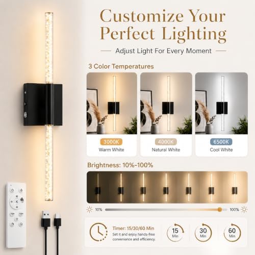 Battery Operated Wall Sconces Set of 2, Rechargeable Wireless Wall Lights - Image 2
