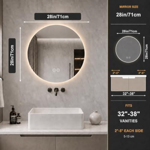 LAIYA 28 Inch Round LED Bathroom Mirror Frameless Backlit Anti-Fog Dimmable - Image 2