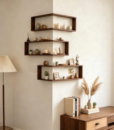 Corner Floating Shelves Wall Mounted Set of 3, Wooden Wall Corner Shelf Display - Image 3
