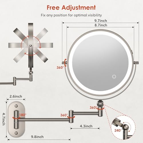 ZLOKLA 9" Wall Mounted Lighted Makeup Mirror, 4000mAh Rechargeable Double Sided - Image 2