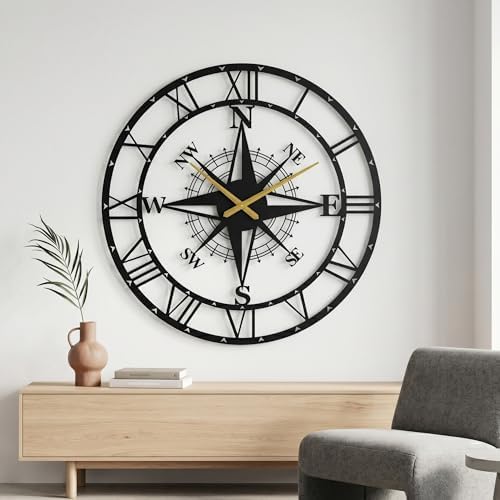 ECHORA Large Metal Compass Rose Wall Clock, Roman Numeral, Nautical Farmhouse - Image 4