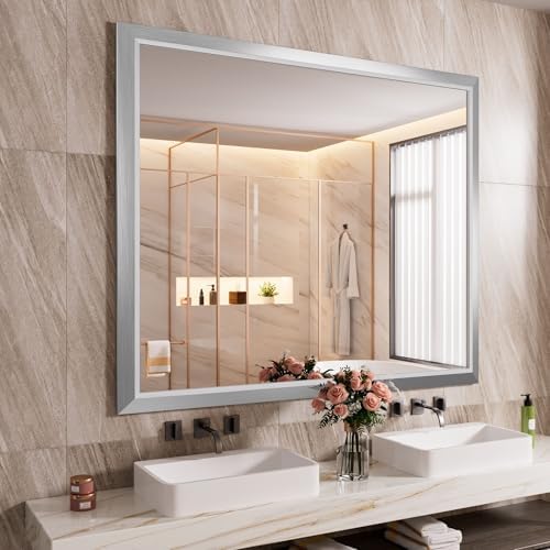 Amorho Bathroom Mirror for Wall 48x40 Inch, Brushed Silver Metal Framed by Amorho