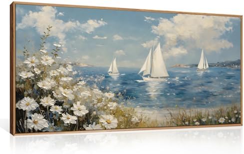 FWIEXA Coastal Wildflower Canvas Wall Art Framed, Ocean Sailboats Pictures Wall by FWIEXA