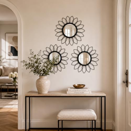 Black Flower Mirror Set of 3, Floral Petal Accent Mirror Wall Decor - Image 4