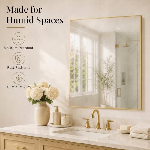 30"x36" Brushed Gold Framed Rectangle Bathroom Vanity Wall Mirror - Image 4