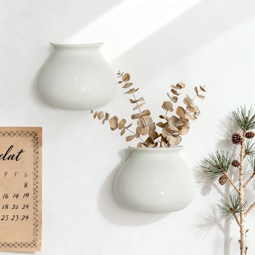 White Ceramic Wall Planters, 4.7 Inch, Flared Design - Image 2