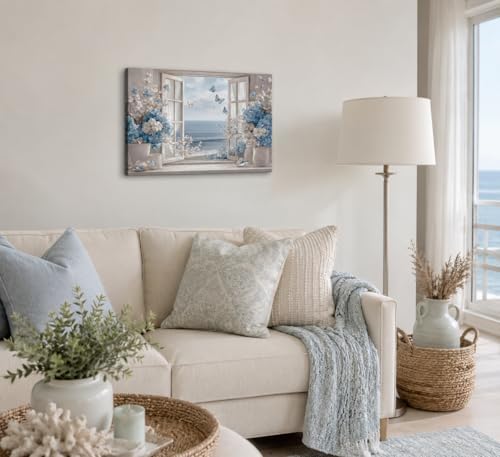 Birnsen Coastal Bathroom Flower Canvas Wall Art Blue Hydrangea Fake Window - Image 3