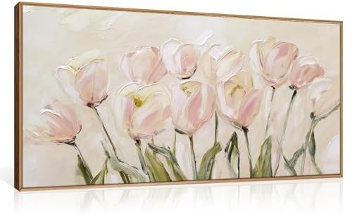 CHDITB Tulip Floral Framed Canvas Wall Art, Large Modern Pink Flower Decor by CHDITB