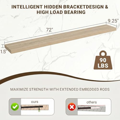 Acovy 72 Inch Floating Shelves, 3D Textured Wood Grain, Wooden Shelves - Image 3