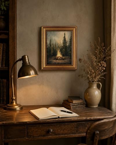 Gold Framed Wall Art, Rustic Campfire Canvas Prints, Vintage Forest Camping - Image 4