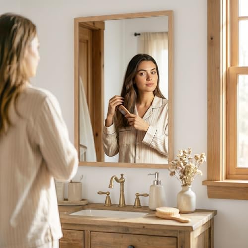 24" x 36" Natural Oak Bathroom Mirror, Moisture-Resistant Rectangular Vanity - Image 5