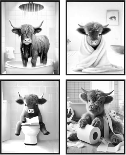 Western Cow Bathroom Decor Wall Art, Funny Highland Cow Wall Art in Restroom by TWNSWALLART