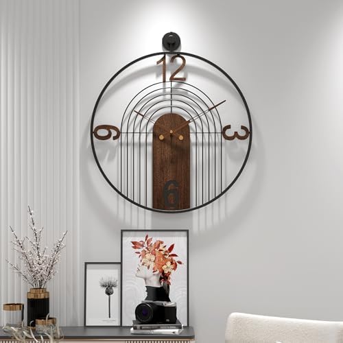 Large Modern Walnut Dial Wall Clock, Wood Metal Frame Silent Non Ticking by VIVIFLYSE