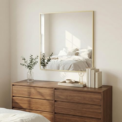 30"x30" Satin Gold Framed Square Bathroom Vanity Wall Mirror - Image 3