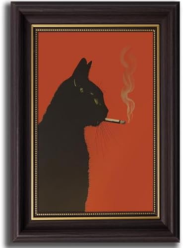 Dark Brown Framed-Vintage Smoking Cat Wall Art-Whimsical Animal Canvas Prints by LYNARTFNWallArt