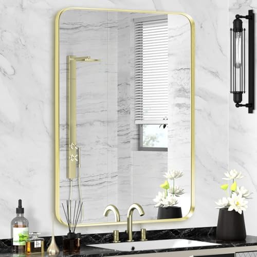 Gold Bathroom Mirror 24x30in, Metal Framed Rounded Rectangle Wall by Minuover