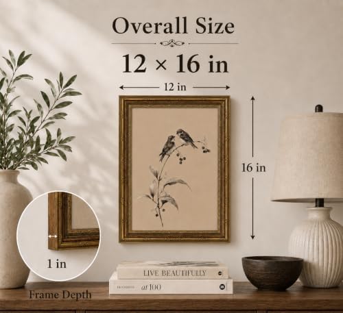 Gold Framed 3D Textured Wall Art, Vintage Sketch Birds on Branch Canvas Prints - Image 4