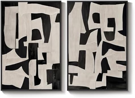 Framed Modern Black Beige Abstract Canvas Wall Art Decor Set of 2, 16x24 In by Cuspin