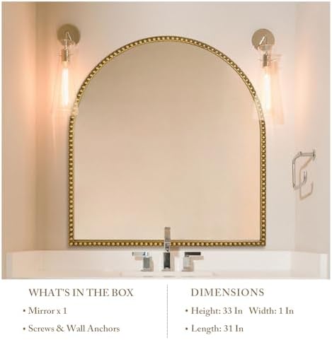 33x31 Inch Arched Bathroom Mirror, Antique Gold Wall Mirror Metal Beaded Frame - Image 5