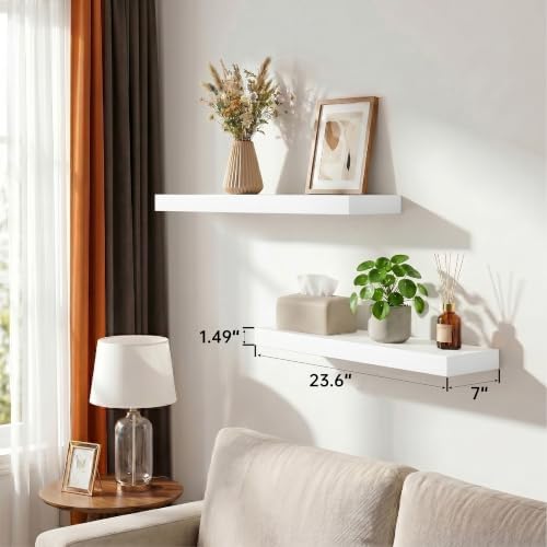 White Floating Wall Shelves for Bathroom, 24 Inch Shelf Set of 2 - Image 3